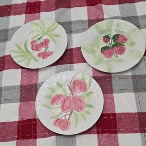 Vintage Set Of 3 Bordallo Pinheiro Majolica Strawberry Plum Grape Plate Portugal